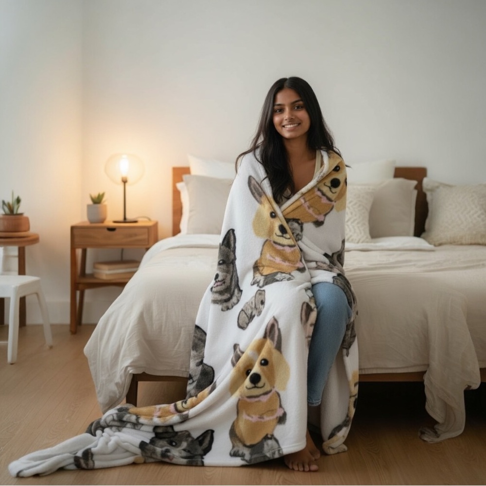Dog Plush Throw Blanket - Brown and White